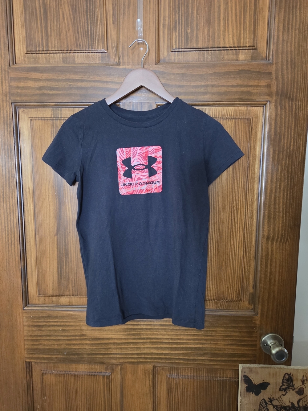 Under Armour Black Short Sleeve Tee with Pink Graphic Square